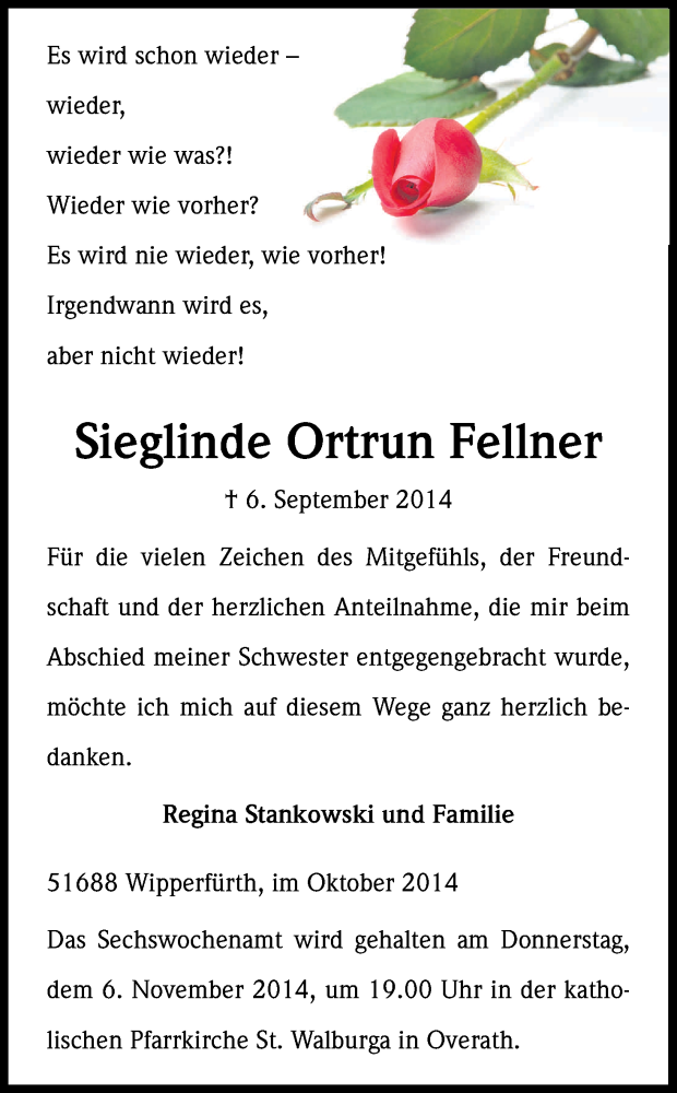  Traueranzeige für Sieglinde Ortrun Fellner vom 25.10.2014 aus Kölner Stadt-Anzeiger / Kölnische Rundschau / Express