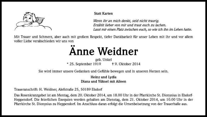  Traueranzeige für Änne Weidner vom 15.10.2014 aus Kölner Stadt-Anzeiger / Kölnische Rundschau / Express