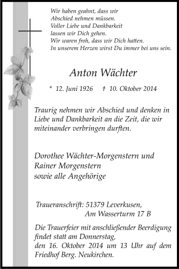 Anzeige von Anton Wächter von Kölner Stadt-Anzeiger / Kölnische Rundschau / Express