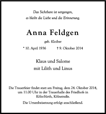 Anzeige von Anna Feldgen von Kölner Stadt-Anzeiger / Kölnische Rundschau / Express