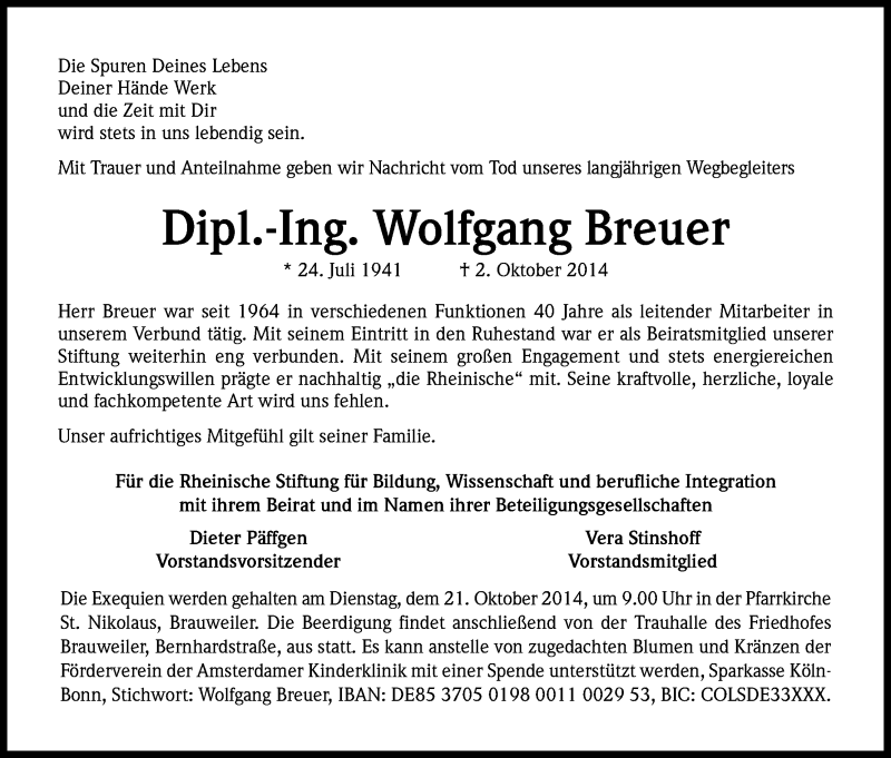  Traueranzeige für Wolfgang Breuer vom 18.10.2014 aus Kölner Stadt-Anzeiger / Kölnische Rundschau / Express