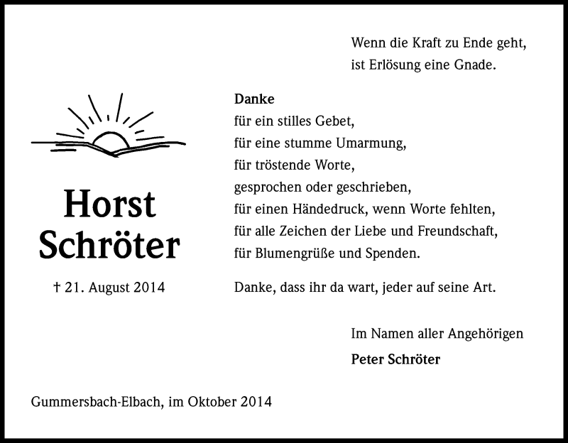  Traueranzeige für Horst Schröter vom 18.10.2014 aus Kölner Stadt-Anzeiger / Kölnische Rundschau / Express