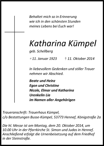 Anzeige von Katharina Kümpel von Kölner Stadt-Anzeiger / Kölnische Rundschau / Express