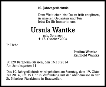 Anzeige von Ursula Wantke von Kölner Stadt-Anzeiger / Kölnische Rundschau / Express
