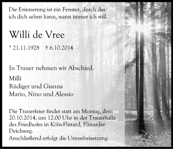 Anzeige von Willi de Vree von Kölner Stadt-Anzeiger / Kölnische Rundschau / Express