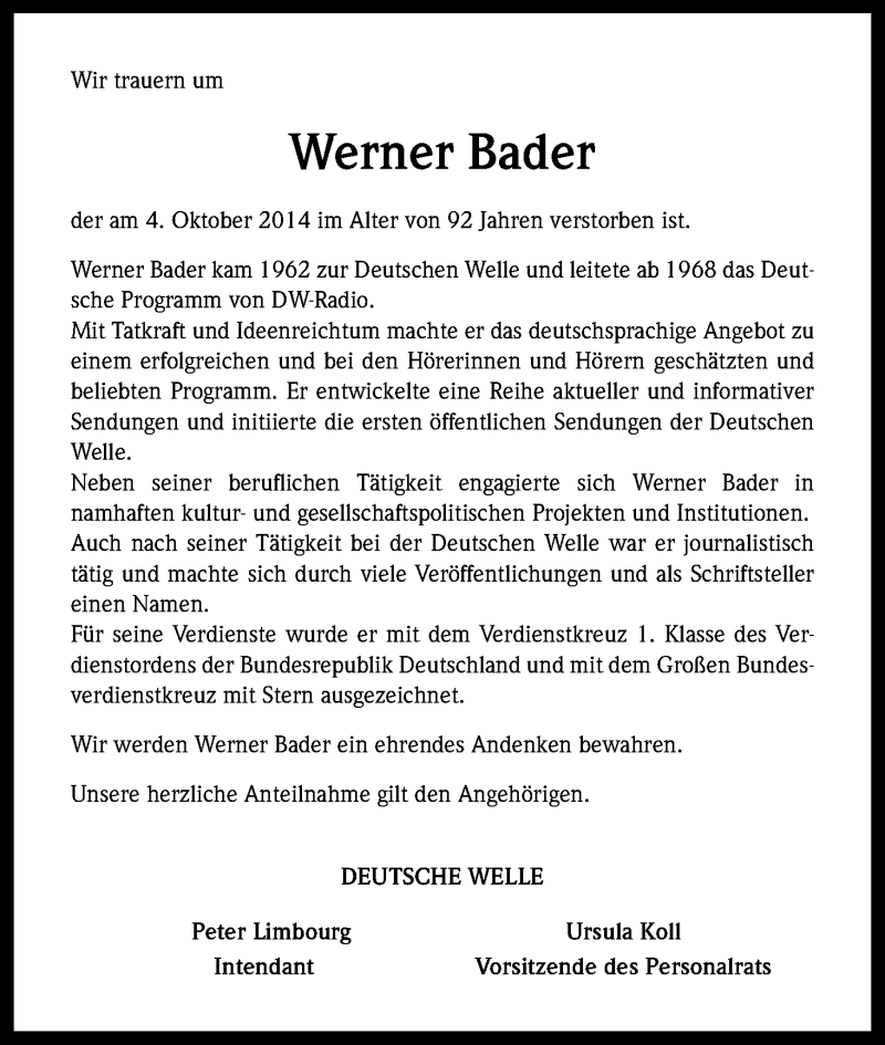 Traueranzeige für Werner Bader vom 15.10.2014 aus Kölner Stadt-Anzeiger / Kölnische Rundschau / Express