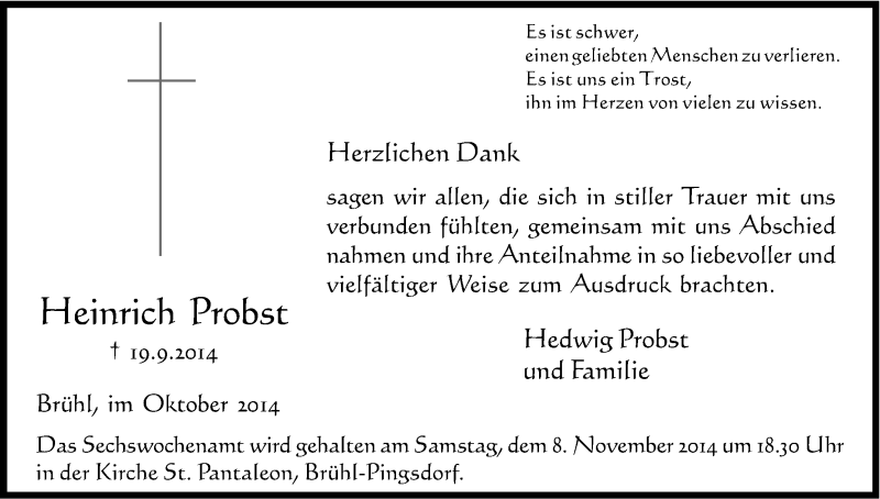  Traueranzeige für Heinrich Probst vom 29.10.2014 aus Kölner Stadt-Anzeiger / Kölnische Rundschau / Express