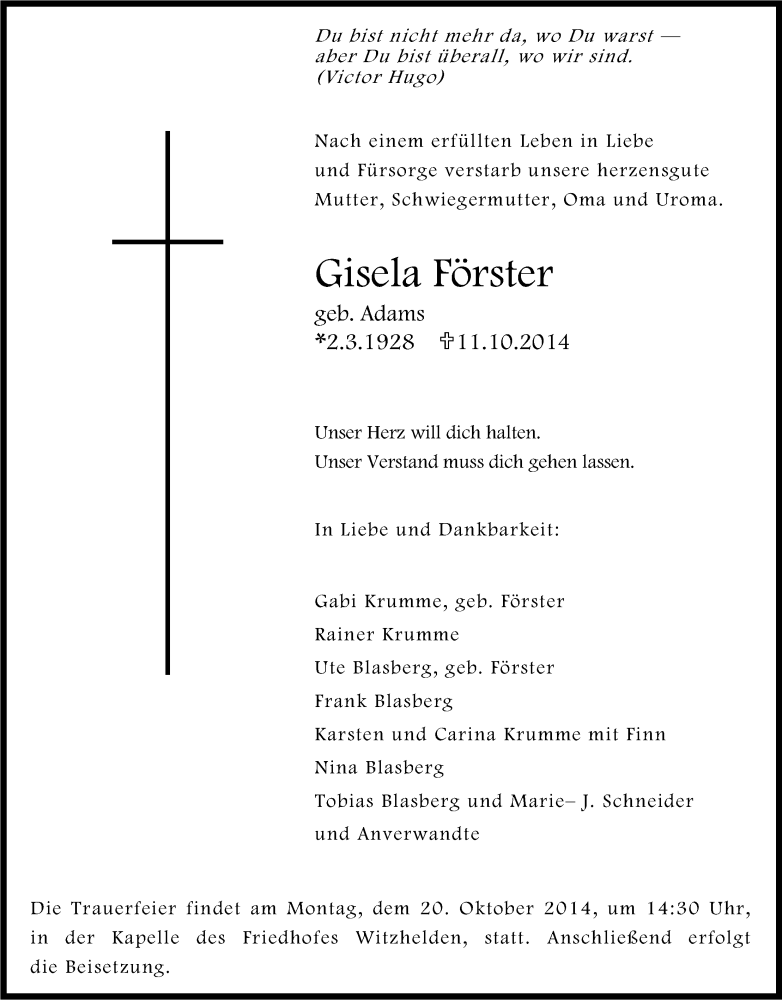  Traueranzeige für Gisela Förster vom 15.10.2014 aus Kölner Stadt-Anzeiger / Kölnische Rundschau / Express