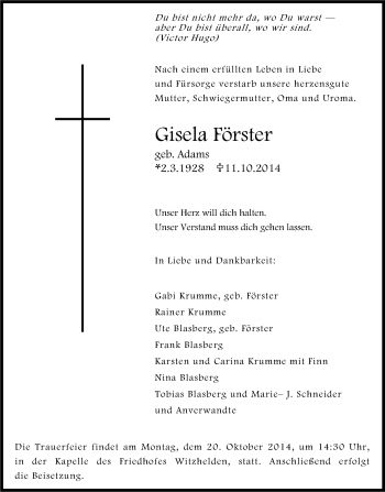 Anzeige von Gisela Förster von Kölner Stadt-Anzeiger / Kölnische Rundschau / Express