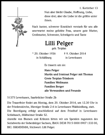 Anzeige von Lilli Pelger von Kölner Stadt-Anzeiger / Kölnische Rundschau / Express
