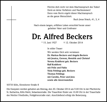 Anzeige von Alfred Beckers von Kölner Stadt-Anzeiger / Kölnische Rundschau / Express