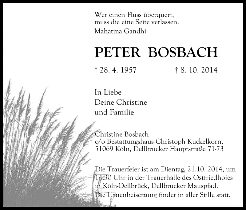  Traueranzeige für Peter Bosbach vom 15.10.2014 aus Kölner Stadt-Anzeiger / Kölnische Rundschau / Express
