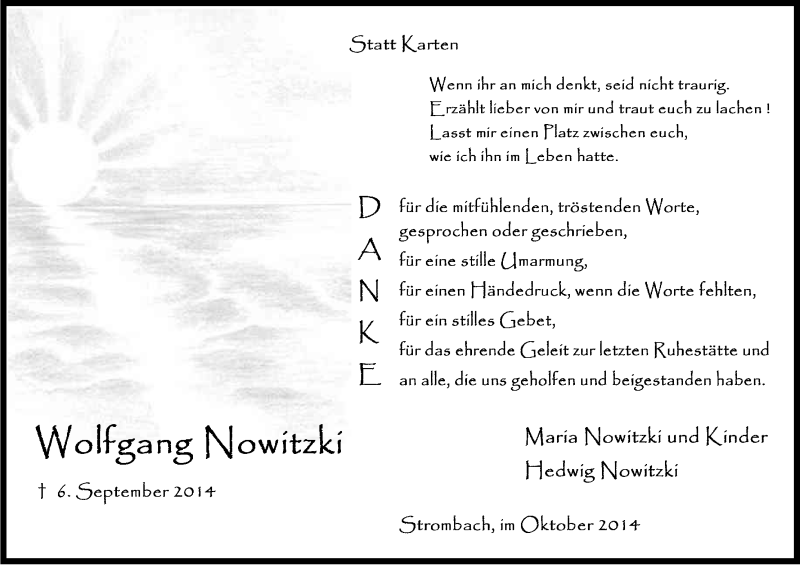  Traueranzeige für Wolfgang Nowitzki vom 15.10.2014 aus Kölner Stadt-Anzeiger / Kölnische Rundschau / Express