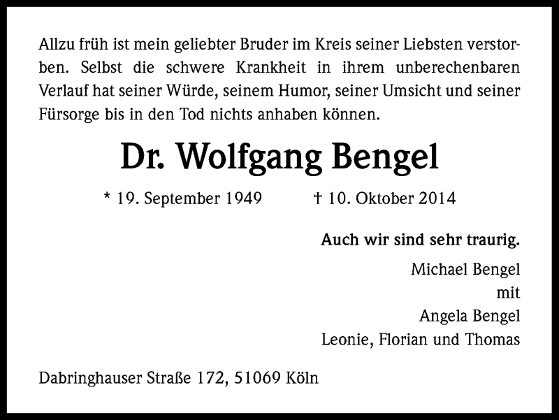  Traueranzeige für Wolfgang Bengel vom 18.10.2014 aus Kölner Stadt-Anzeiger / Kölnische Rundschau / Express