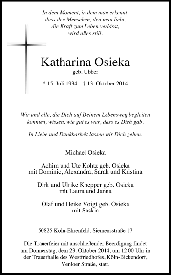Anzeige von Katharina Osieka von Kölner Stadt-Anzeiger / Kölnische Rundschau / Express