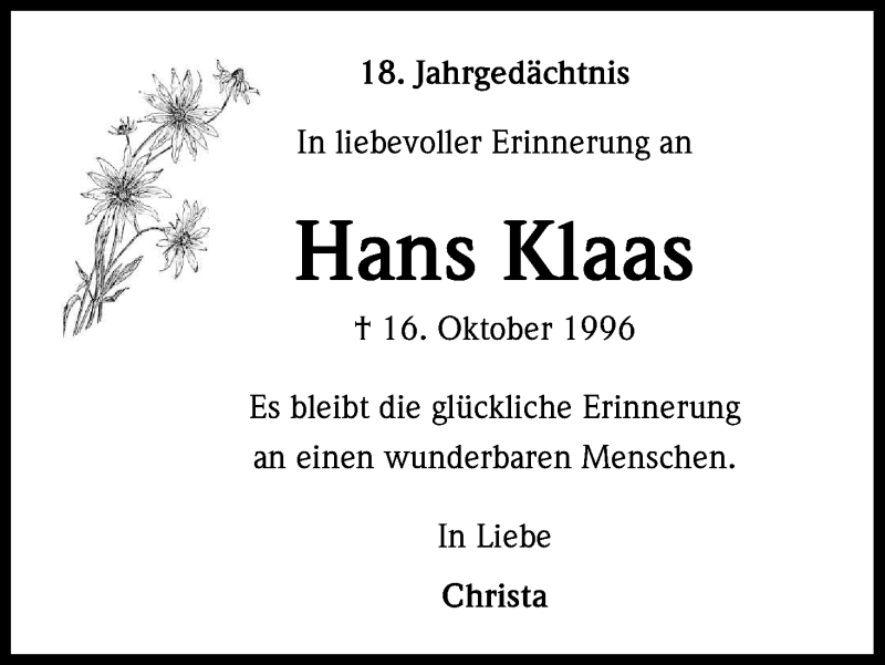  Traueranzeige für Hans Klaas vom 16.10.2014 aus Kölner Stadt-Anzeiger / Kölnische Rundschau / Express