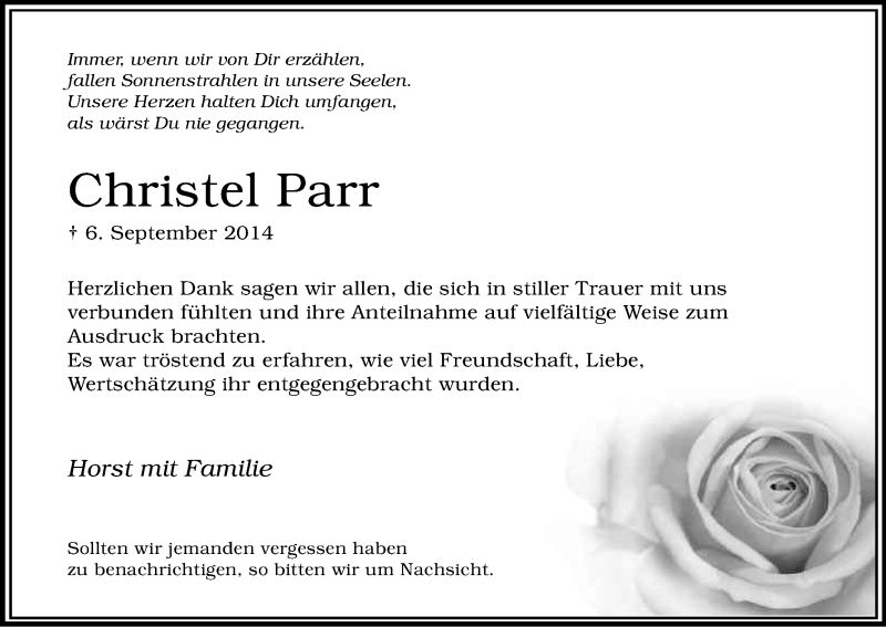  Traueranzeige für Christel Parr vom 18.10.2014 aus Kölner Stadt-Anzeiger / Kölnische Rundschau / Express
