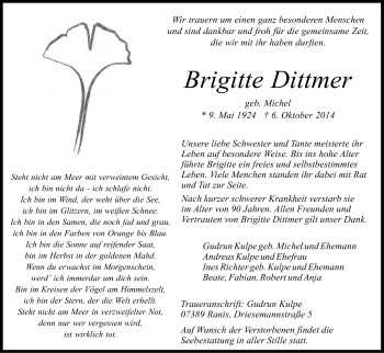 Anzeige von Brigitte Dittmer von Kölner Stadt-Anzeiger / Kölnische Rundschau / Express