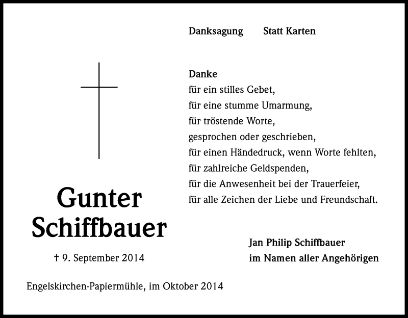  Traueranzeige für Gunter Schiffbauer vom 18.10.2014 aus Kölner Stadt-Anzeiger / Kölnische Rundschau / Express