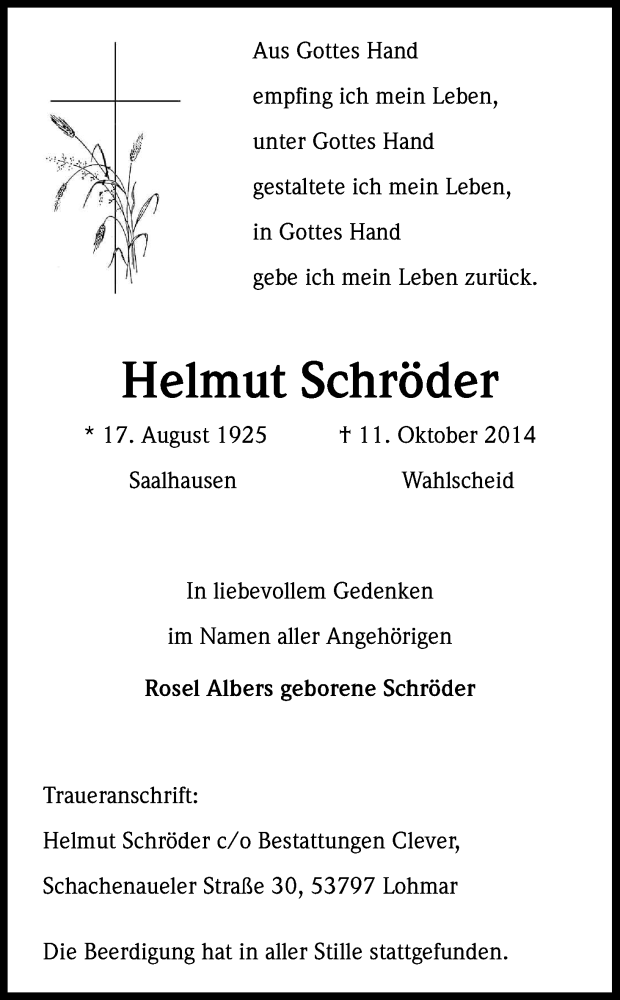  Traueranzeige für Helmut Schröder vom 18.10.2014 aus Kölner Stadt-Anzeiger / Kölnische Rundschau / Express