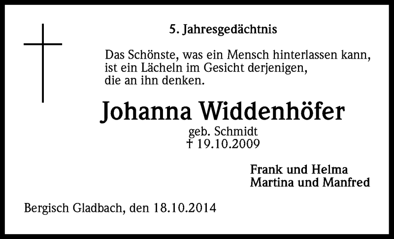  Traueranzeige für Johanna Widdenhöfer vom 18.10.2014 aus Kölner Stadt-Anzeiger / Kölnische Rundschau / Express