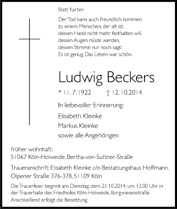 Anzeige von Ludwig Beckers von Kölner Stadt-Anzeiger / Kölnische Rundschau / Express