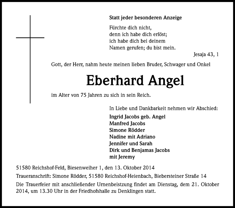  Traueranzeige für Eberhard Angel vom 15.10.2014 aus Kölner Stadt-Anzeiger / Kölnische Rundschau / Express