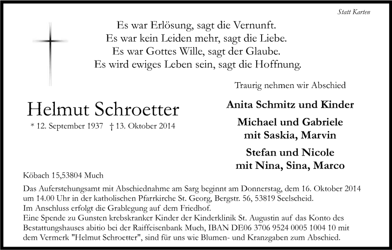  Traueranzeige für Helmut Schroetter vom 15.10.2014 aus Kölner Stadt-Anzeiger / Kölnische Rundschau / Express