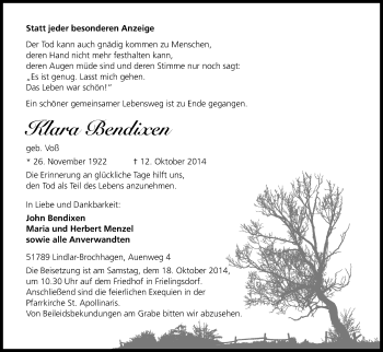 Anzeige von Klara Bendixen von Kölner Stadt-Anzeiger / Kölnische Rundschau / Express