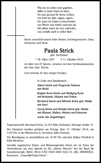 Anzeige von Paula Strick von Kölner Stadt-Anzeiger / Kölnische Rundschau / Express