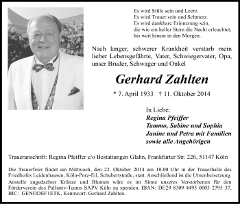 Anzeige von Gerhard Zahlten von Kölner Stadt-Anzeiger / Kölnische Rundschau / Express