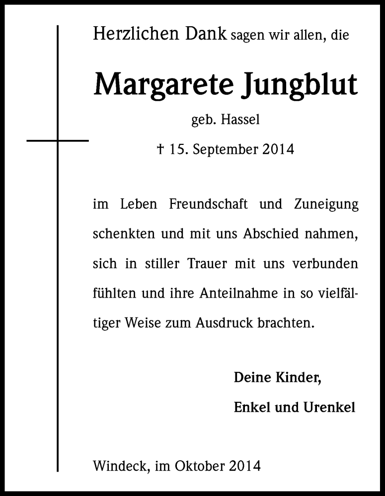  Traueranzeige für Margarete Jungblut vom 17.10.2014 aus Kölner Stadt-Anzeiger / Kölnische Rundschau / Express