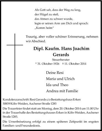 Anzeige von Hans Joachim Gerards von Kölner Stadt-Anzeiger / Kölnische Rundschau / Express