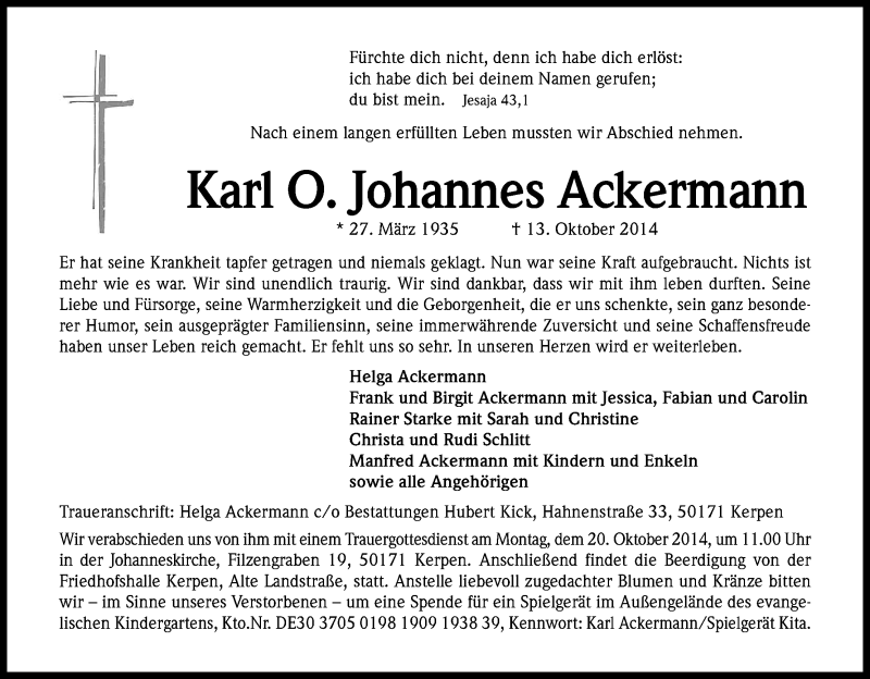  Traueranzeige für Karl Johannes Ackermann vom 18.10.2014 aus Kölner Stadt-Anzeiger / Kölnische Rundschau / Express