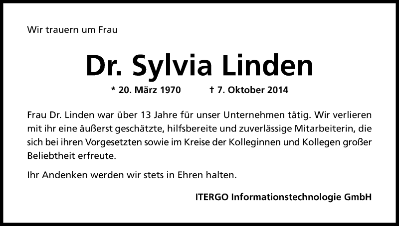 Traueranzeige für Sylvia Linden vom 15.10.2014 aus Kölner Stadt-Anzeiger / Kölnische Rundschau / Express