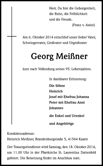 Anzeige von Georg Meißner von Kölner Stadt-Anzeiger / Kölnische Rundschau / Express