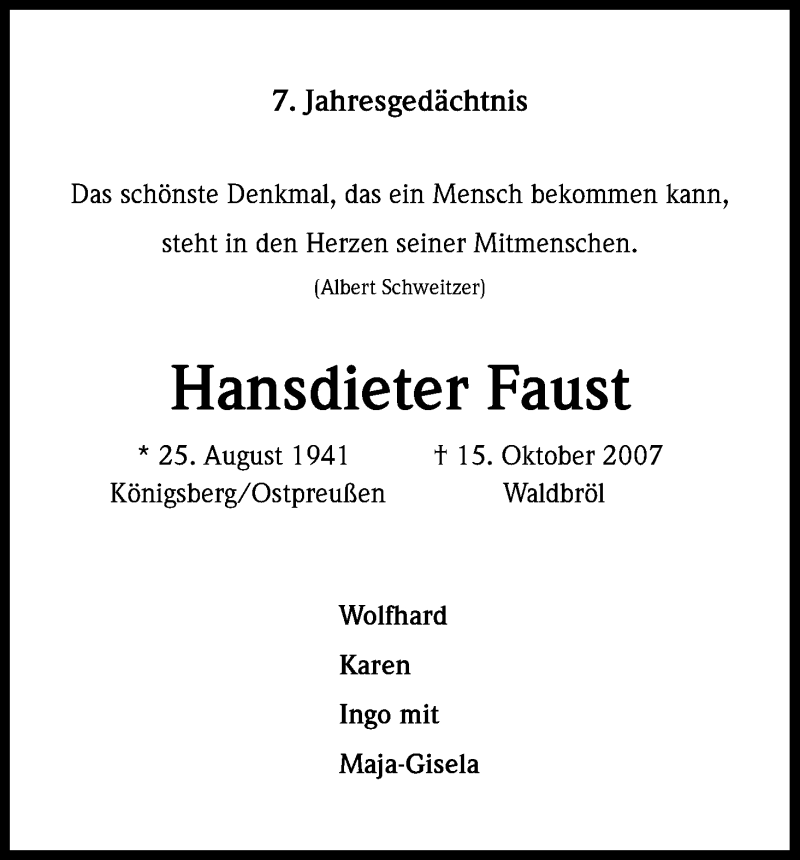  Traueranzeige für Hansdieter Faust vom 15.10.2014 aus Kölner Stadt-Anzeiger / Kölnische Rundschau / Express