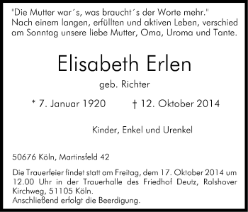 Anzeige von Elisabeth Erlen von Kölner Stadt-Anzeiger / Kölnische Rundschau / Express