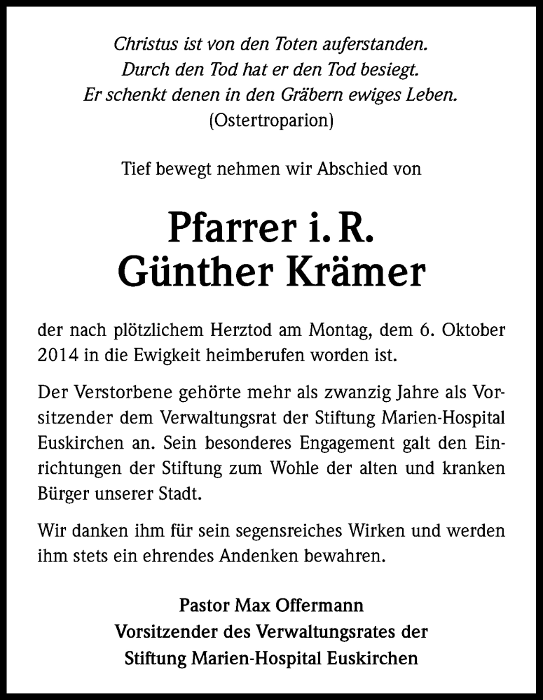 Traueranzeige für Günther Krämer vom 15.10.2014 aus Kölner Stadt-Anzeiger / Kölnische Rundschau / Express