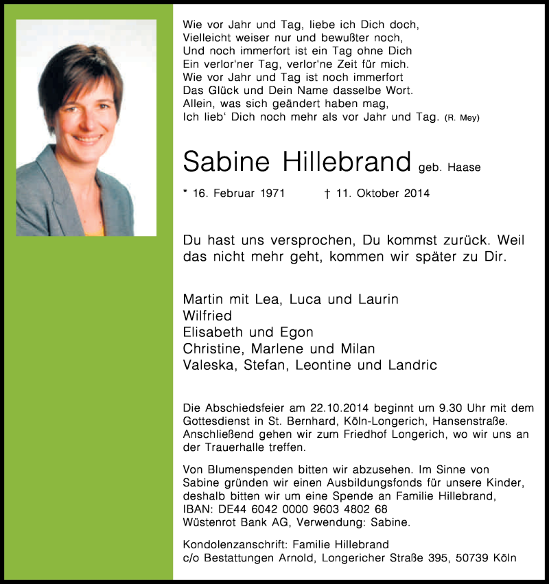 Traueranzeige für Sabine Hillebrand vom 18.10.2014 aus Kölner Stadt-Anzeiger / Kölnische Rundschau / Express