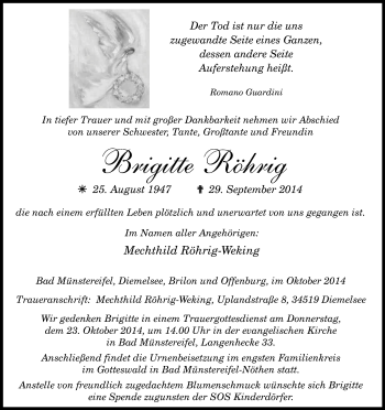 Anzeige von Brigitte Röhrig von Kölner Stadt-Anzeiger / Kölnische Rundschau / Express