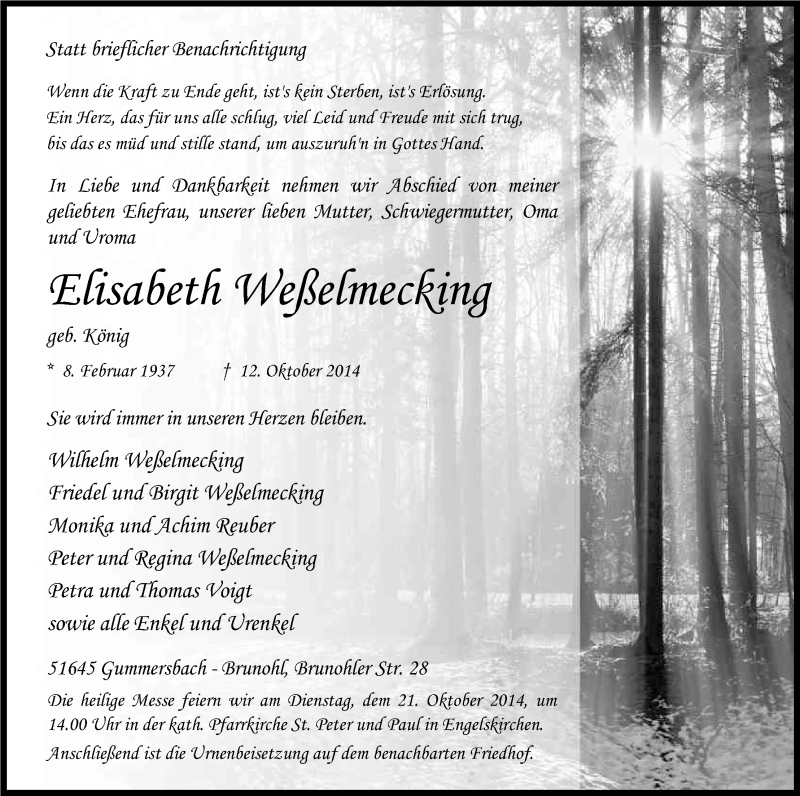  Traueranzeige für Elisabeth Weßelmecking vom 15.10.2014 aus Kölner Stadt-Anzeiger / Kölnische Rundschau / Express