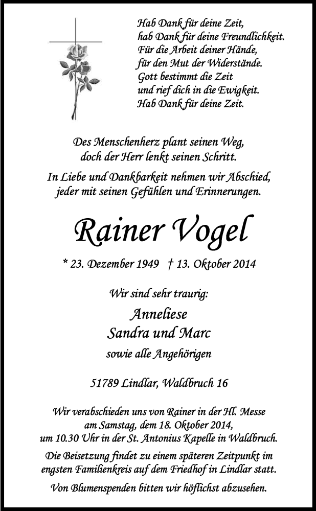  Traueranzeige für Rainer Vogel vom 15.10.2014 aus Kölner Stadt-Anzeiger / Kölnische Rundschau / Express