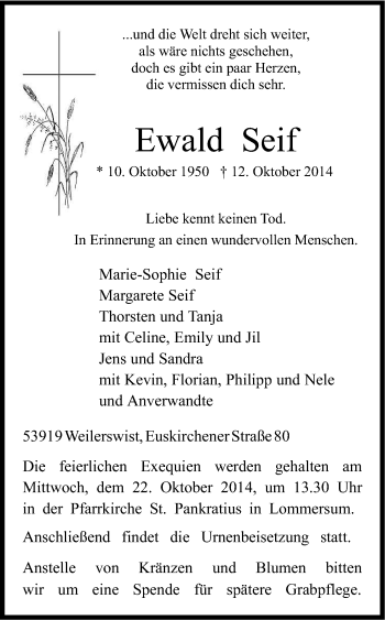 Anzeige von Ewald Seif von Kölner Stadt-Anzeiger / Kölnische Rundschau / Express