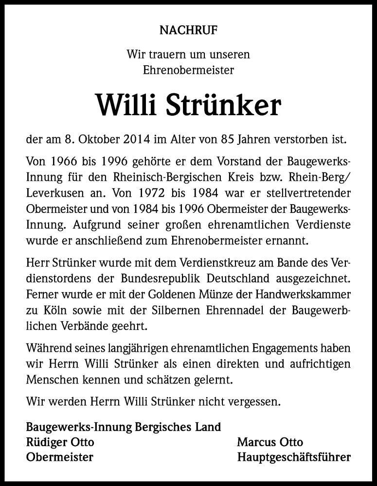  Traueranzeige für Willi Strünker vom 16.10.2014 aus Kölner Stadt-Anzeiger / Kölnische Rundschau / Express
