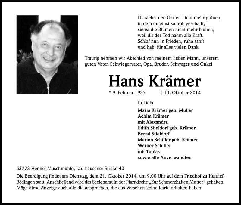  Traueranzeige für Hans Krämer vom 16.10.2014 aus Kölner Stadt-Anzeiger / Kölnische Rundschau / Express