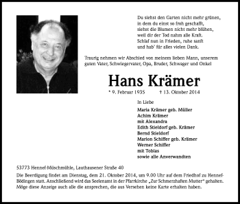 Anzeige von Hans Krämer von Kölner Stadt-Anzeiger / Kölnische Rundschau / Express