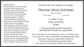 Anzeige von Therese Schröder von Kölner Stadt-Anzeiger / Kölnische Rundschau / Express