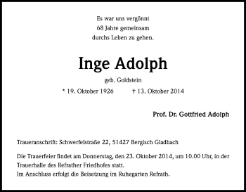 Anzeige von Inge Adolph von Kölner Stadt-Anzeiger / Kölnische Rundschau / Express