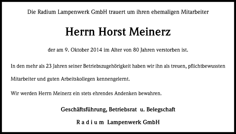  Traueranzeige für Horst Meinerz vom 16.10.2014 aus Kölner Stadt-Anzeiger / Kölnische Rundschau / Express